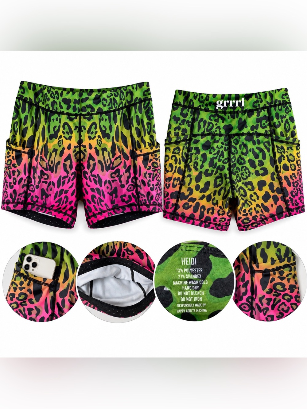 GRRRL Heidi Athletic Shorts Rainbow Leopard Animal Print High Rise Pockets